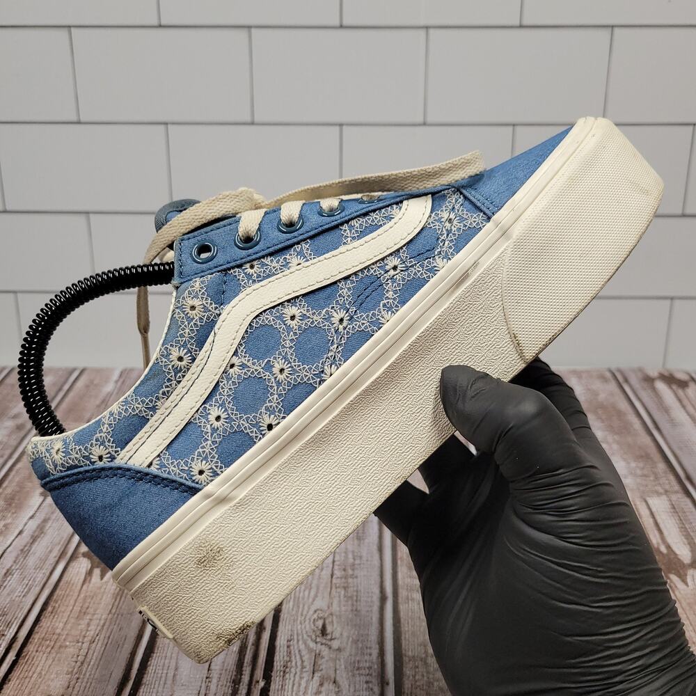 Vans Old Skool Platform Blue Floral Embroidered Shoes Men's 6 Women's 7.5 - Picture 6 of 9